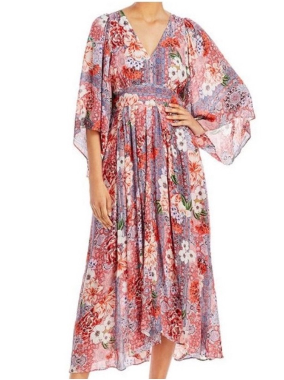 Johnny Was Scarlet Floral Midi Dress in Red & Lavender XS- MSRP $335